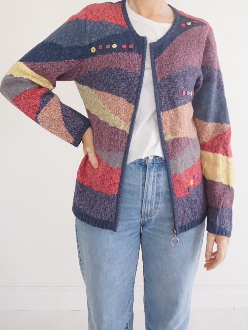 Christopher Banks Multicolor Striped Textured Heart Buttons Zip Knit Cardigan M
